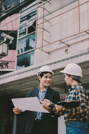 Construction manager and engineer dressed in orange work vests and hard helmets explore construction documentation on the building site near the steel framesの写真素材