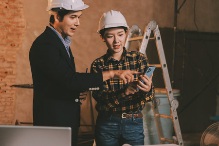 Construction manager and engineer dressed in orange work vests and hard helmets explore construction...