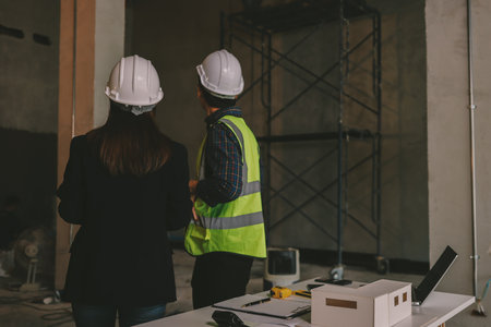 Construction manager and engineer dressed in orange work vests and hard helmets explore construction...