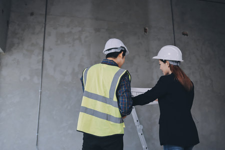 Construction manager and engineer dressed in orange work vests and hard helmets explore construction...