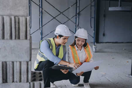 Construction manager and engineer dressed in orange work vests and hard helmets explore construction documentation on the building site near the steel framesの写真素材
