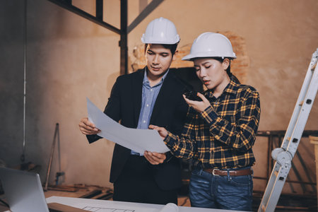 Construction manager and engineer dressed in orange work vests and hard helmets explore construction...