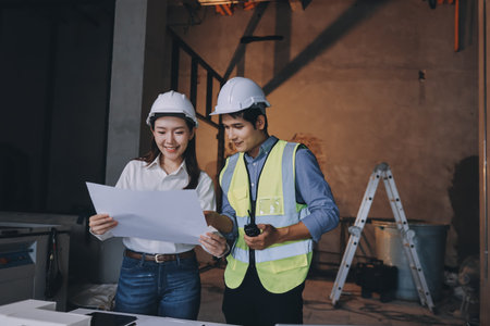 Construction manager and engineer dressed in orange work vests and hard helmets explore construction documentation on the building site near the steel framesの写真素材