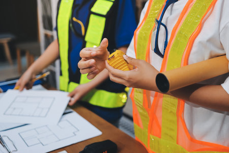 Closeup of team of industrial engineers meeting analyze machinery blueprints consult project on table in manufacturing factory. Working in manufacturing plant or production plant.の写真素材