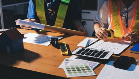 Closeup of team of industrial engineers meeting analyze machinery blueprints consult project on table in manufacturing factory. Working in manufacturing plant or production plant.の写真素材