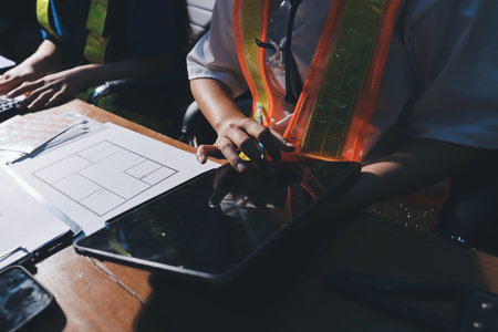 Closeup of team of industrial engineers meeting analyze machinery blueprints consult project on...