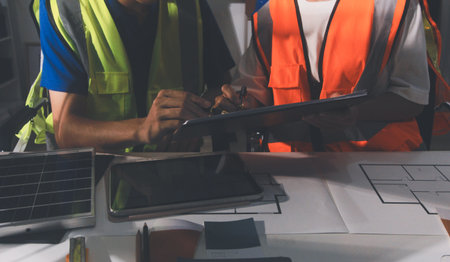 Closeup of team of industrial engineers meeting analyze machinery blueprints consult project on table in manufacturing factory. Working in manufacturing plant or production plant.の写真素材