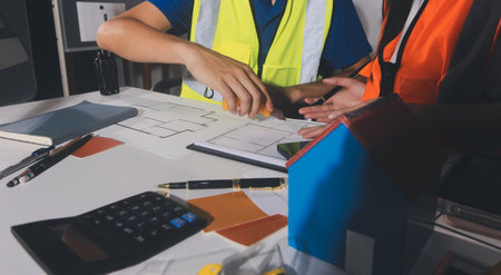 Closeup of team of industrial engineers meeting analyze machinery blueprints consult project on...