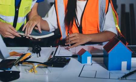 Closeup of team of engineers meeting analyze blueprints consult project on table in factory. Working...
