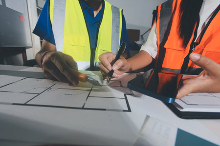 Closeup of team of industrial engineers meeting analyze machinery blueprints consult project on...