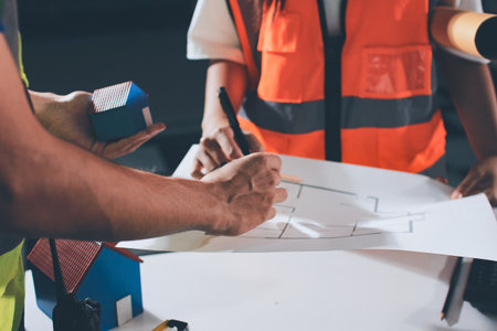 Closeup of team of industrial engineers meeting analyze machinery blueprints consult project on...