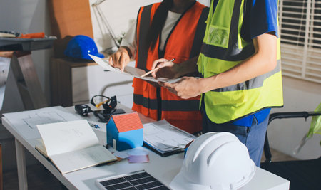 Closeup of team of industrial engineers meeting analyze machinery blueprints consult project on...