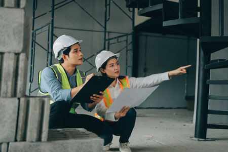 Construction manager and engineer dressed in orange work vests and hard helmets explore construction...