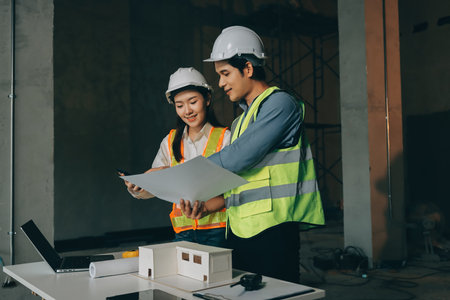 Construction manager and engineer dressed in orange work vests and hard helmets explore construction...