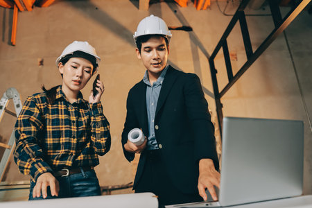 Construction manager and engineer dressed in orange work vests and hard helmets explore construction documentation on the building site near the steel framesの写真素材