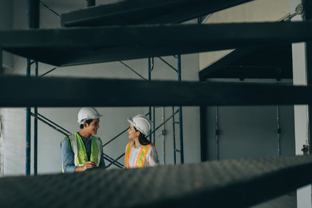 Construction manager and engineer dressed in orange work vests and hard helmets explore construction...