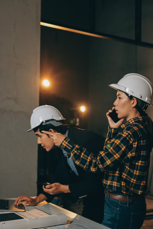 Construction manager and engineer dressed in orange work vests and hard helmets explore construction documentation near the steel framesの写真素材