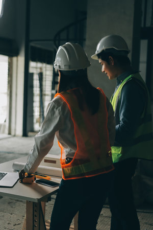Construction manager and engineer dressed in orange work vests and hard helmets explore construction...