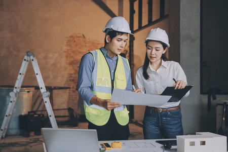 Construction manager and engineer dressed in orange work vests and hard helmets explore construction...