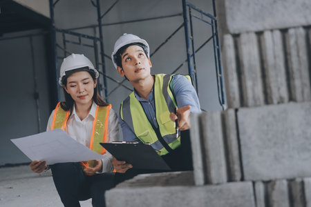 Construction manager and engineer dressed in orange work vests and hard helmets explore construction...