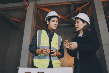 Construction manager and engineer dressed in orange work vests and hard helmets explore construction...