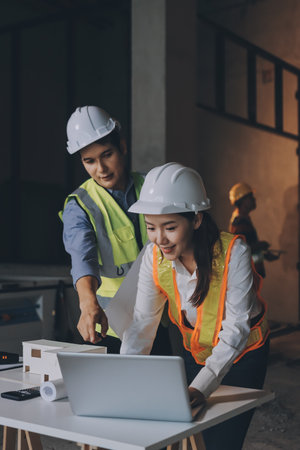 Construction manager and engineer dressed in orange work vests and hard helmets explore construction...