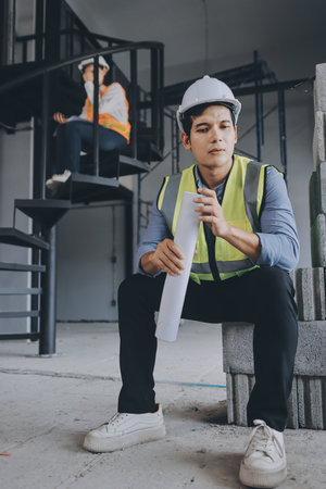 Construction manager and engineer dressed in orange work vests and hard helmets explore construction documentation on the building site near the steel framesの写真素材