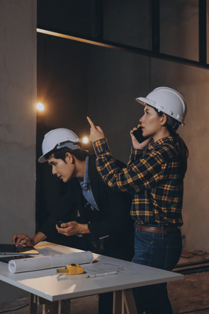 Construction manager and engineer dressed in orange work vests and hard helmets explore construction...