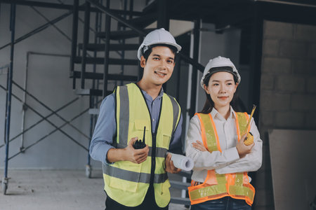 Construction manager and engineer dressed in orange work vests and hard helmets explore construction...