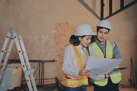 Construction manager and engineer dressed in orange work vests and hard helmets explore construction...