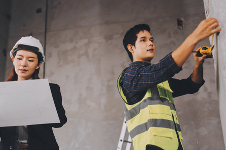 Construction manager and engineer dressed in orange work vests and hard helmets explore construction documentation on the building site near the steel framesの写真素材