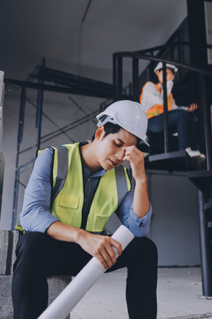 Construction manager and engineer dressed in orange work vests and hard helmets explore construction documentation on the building site near the steel framesの写真素材
