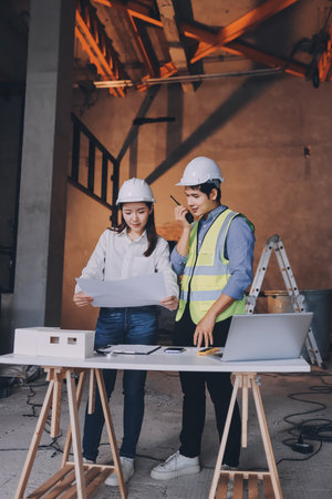Construction manager and engineer dressed in orange work vests and hard helmets explore construction documentation on the building site near the steel framesの写真素材