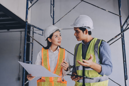 Construction manager and engineer dressed in orange work vests and hard helmets explore construction documentation on the building site near the steel framesの写真素材