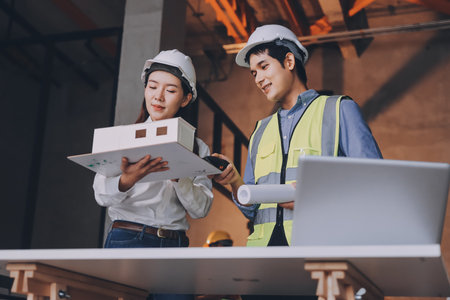 Construction manager and engineer dressed in orange work vests and hard helmets explore construction documentation on the building site near the steel framesの写真素材