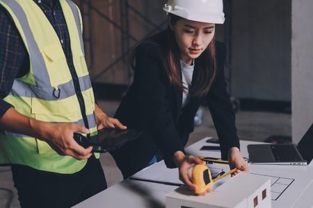 Construction manager and engineer dressed in orange work vests and hard helmets explore construction documentation on the building site near the steel framesの写真素材