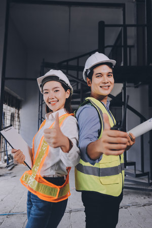 Construction manager and engineer dressed in orange work vests and hard helmets explore construction...