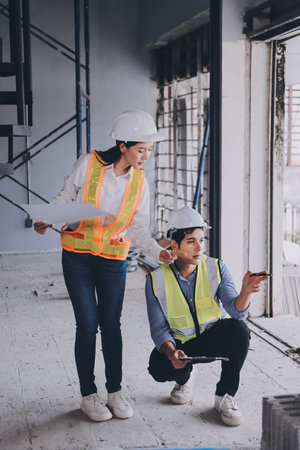 Construction manager and engineer dressed in orange work vests and hard helmets explore construction documentation on the building site near the steel framesの写真素材