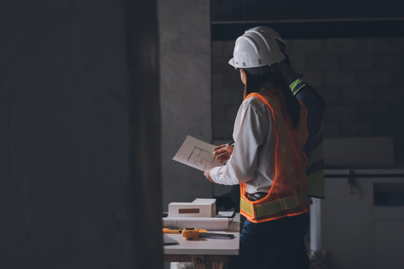 Construction manager and engineer dressed in orange work vests and hard helmets explore construction documentation on the building site near the steel framesの写真素材