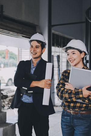 Construction manager and engineer dressed in orange work vests and hard helmets explore construction documentation on the building site near the steel framesの写真素材