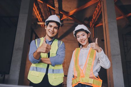 Construction manager and engineer dressed in orange work vests and hard helmets explore construction documentation on the building site near the steel framesの写真素材