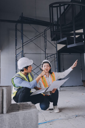 Construction manager and engineer dressed in orange work vests and hard helmets explore construction documentation on the building site near the steel framesの写真素材