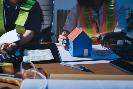 Closeup of team of industrial engineers meeting analyze machinery blueprints consult project on table in manufacturing factory. Working in manufacturing plant or production plant.の写真素材