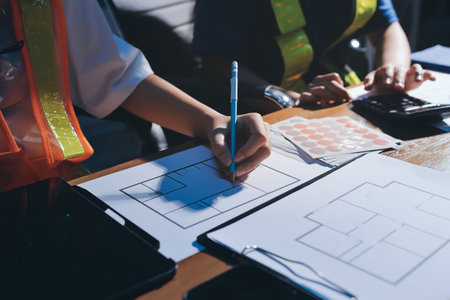 Closeup of team of industrial engineers meeting analyze machinery blueprints consult project on...