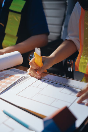 Closeup of team of industrial engineers meeting analyze machinery blueprints consult project on...