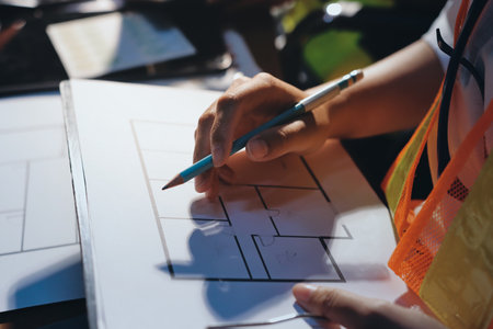 Closeup of team of industrial engineers meeting analyze machinery blueprints consult project on table in manufacturing factory. Working in manufacturing plant or production plant.の写真素材
