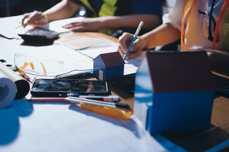 Closeup of team of industrial engineers meeting analyze machinery blueprints consult project on table in manufacturing factory. Working in manufacturing plant or production plant.の写真素材