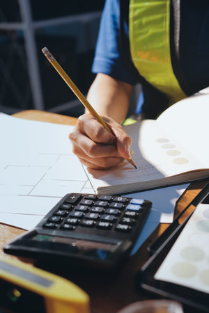 Closeup of team of industrial engineers meeting analyze machinery blueprints consult project on...