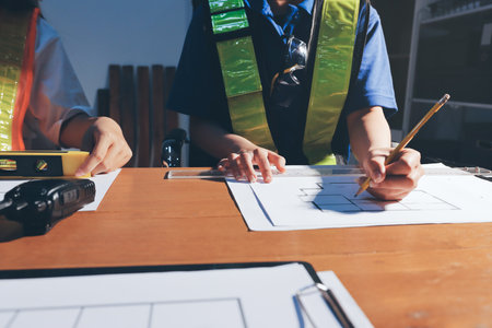 Closeup of team of industrial engineers meeting analyze machinery blueprints consult project on...