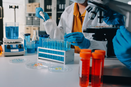 Collaboration, tablet or science with people in lab together for research or development....